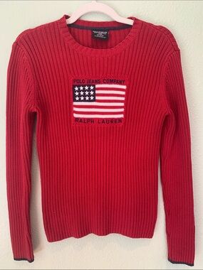 Vintage Polo Ralph Lauren Jeans USA Flag Ribbed Knitted Sweater Size Medium